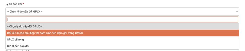 Chọn lý do cấp đổi GPLX